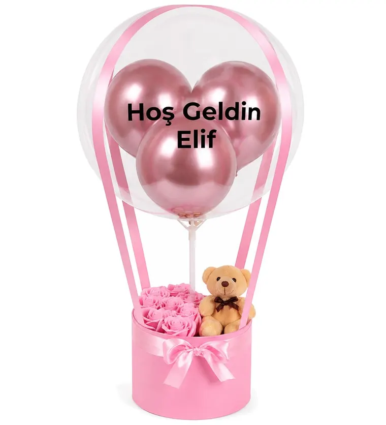 Balonlu Yuvarlak Pembe Kutuda Ayıcıklı Yapay Pembe Gül - Bitlis çiçek siparişi