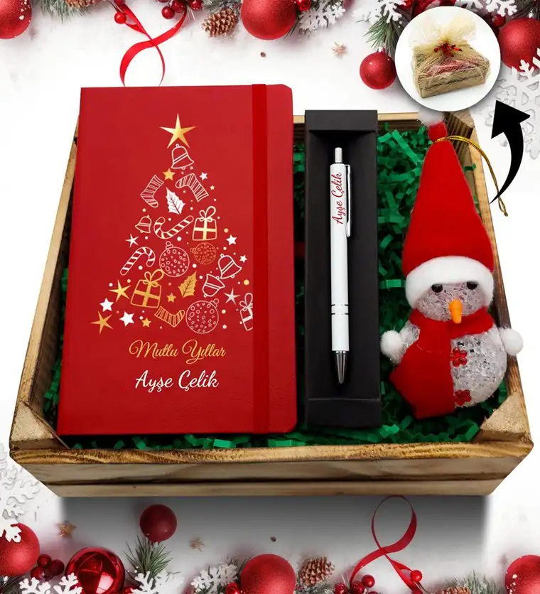 Iğdır Kasa İçerisinde Kardan Adam & Kişiye Özel Kırmızı Defter & Kalem Hediye Seti Siparişi