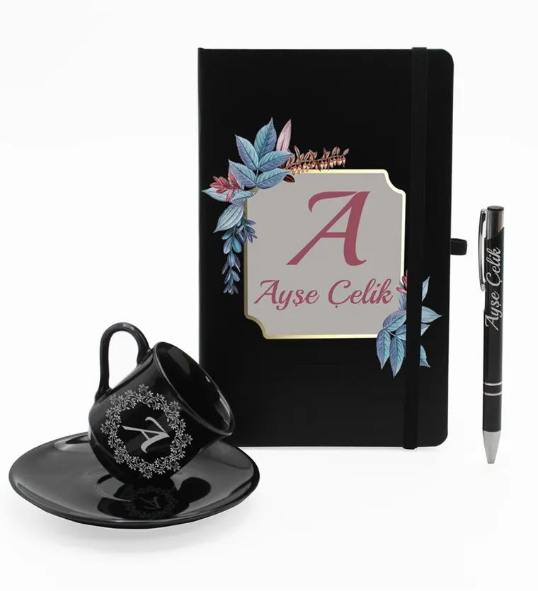 Burdur Kişiye Özel Ajanda Defter & Siyah Fincan & Roller Kalem Hediye Seti Siparişi