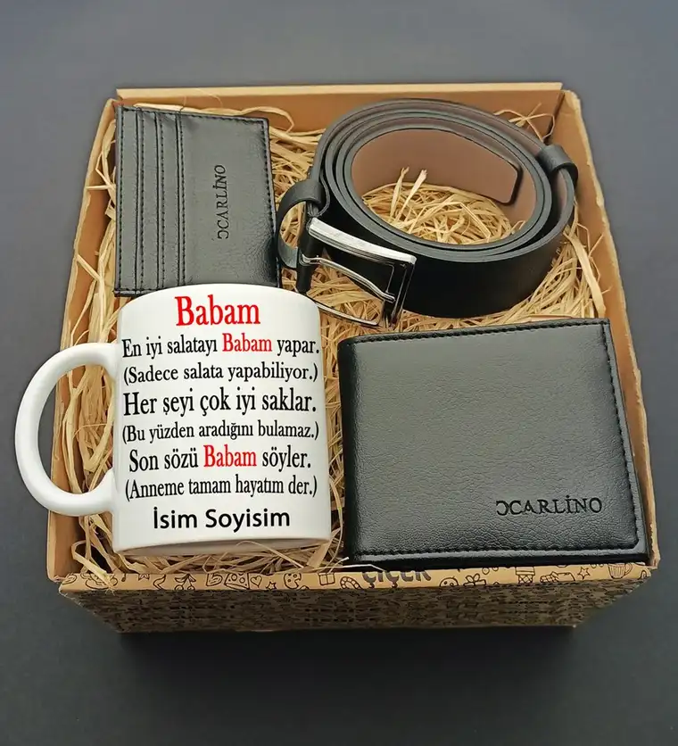 Babalar Gününe Özel Babam Tasarımlı Kişiye Özel Kupa & Cüzdan & Kartlık & Kemer Hediye seti - Aksaray çiçek siparişi