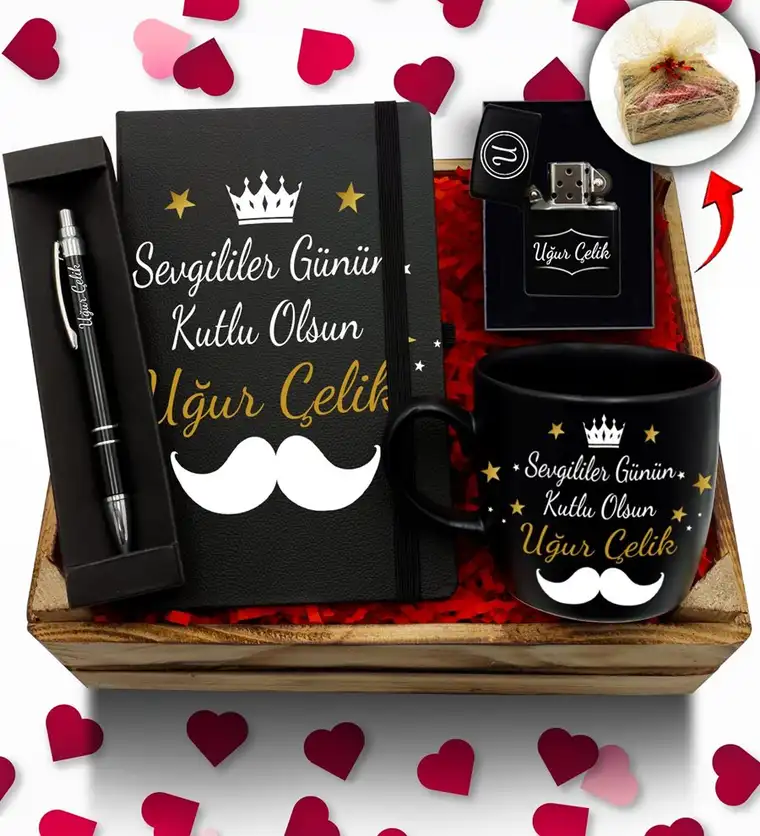 Kasa İçerisinde Sevgililer Günü Temalı Kişiye Özel Siyah Kupa & Defter & Zippo Tarzı Çakmak & Kalem Hediye Seti - Gaziantep çiçek siparişi