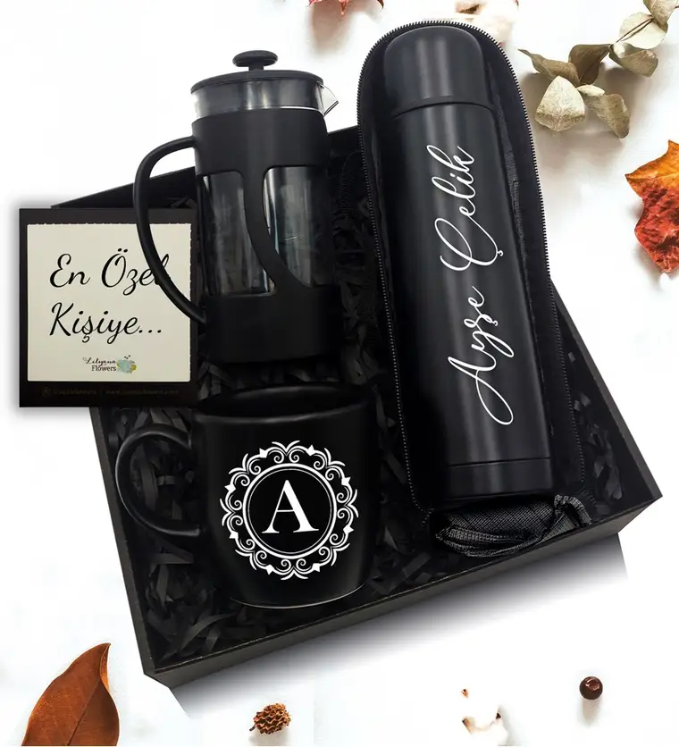Kişiye Özel Deri Kılıflı Termos & Siyah Kupa & French Press Hediye Seti - Gaziantep çiçek siparişi
