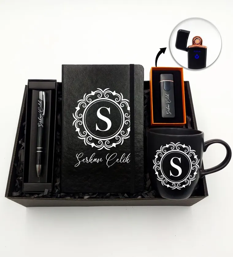 Kişiye Özel Elektronik Dokunmatik Alevsiz Şarjlı Çakmak & Siyah Defter & Siyah Kupa & Siyah Kalem Hediye Seti - Aksaray çiçek siparişi