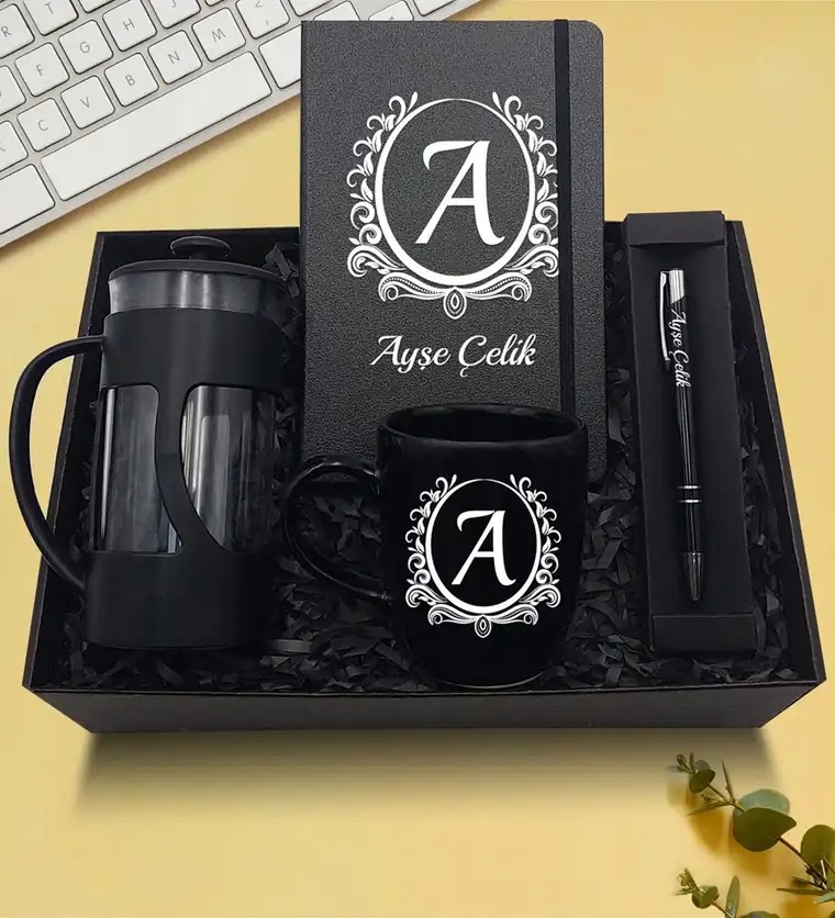 Kişiye Özel Siyah Defter & French Press & Siyah Kupa & Siyah Kalem Hediye Seti - Amasya çiçek siparişi