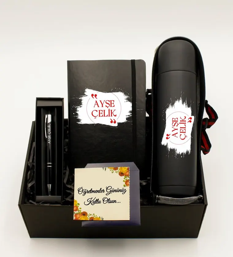 Kişiye Özel Siyah Defter & Kişiye Özel Deri Kılıflı Siyah Termos & Kişiye Özel Siyah Roller Kalem Hediye Seti - Burdur çiçek siparişi