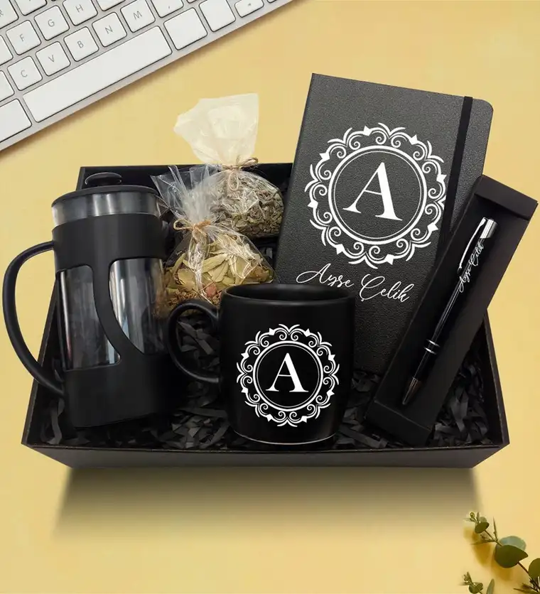 Kişiye Özel Siyah Defter & Siyah Kupa & French Press & Siyah Kalem & Ihlamur & Ada Çayı Hediye Seti - Aksaray çiçek siparişi