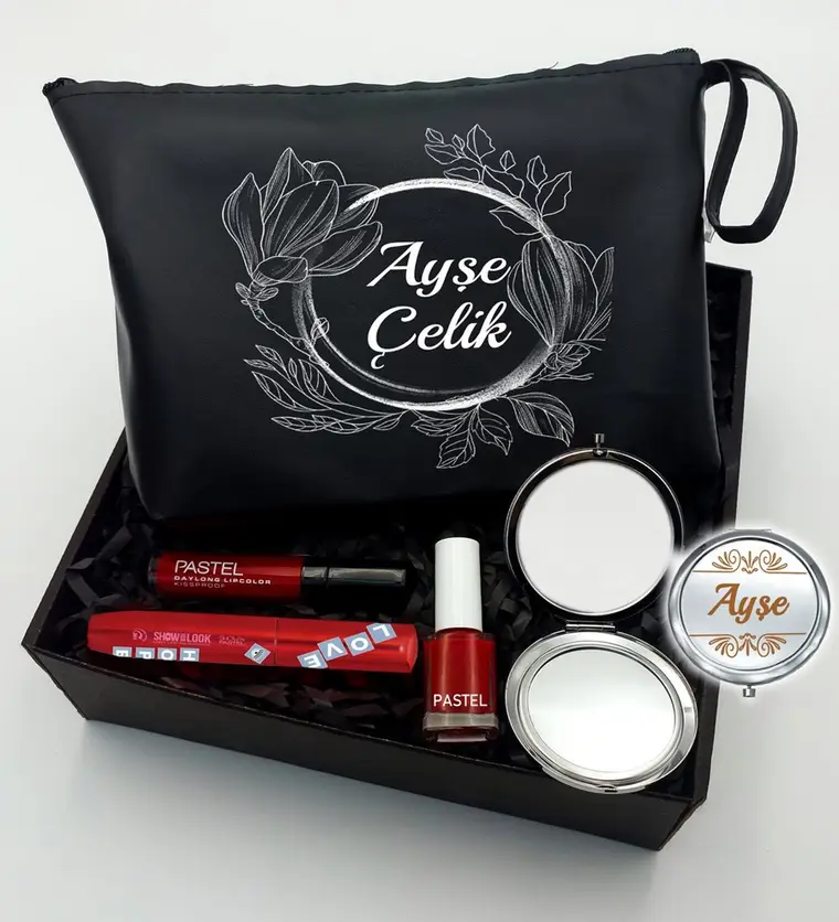 Kişiye Özel Siyah Makyaj Çantası & Makyaj Aynası & Pastel Maskara & Pastel Oje & Pastel Ruj - Bartın çiçek siparişi