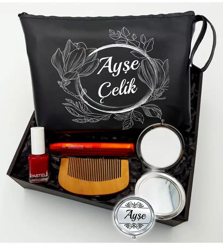 Kişiye Özel Siyah Makyaj Çantası & Makyaj Aynası & Pastel Maskara & Pastel Oje & Tarak - Yalova çiçek siparişi