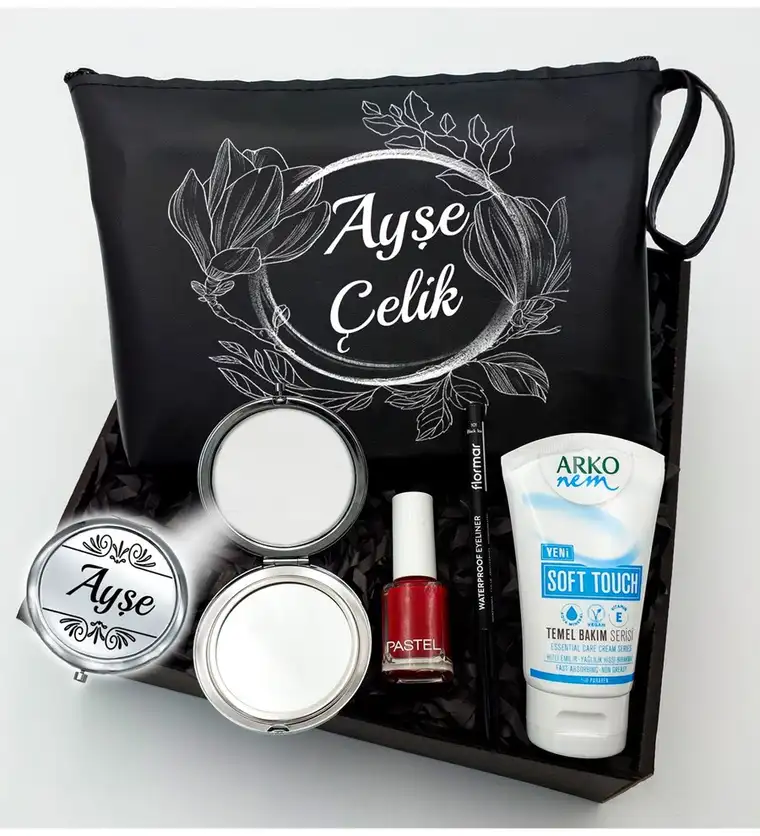Kişiye Özel Siyah Makyaj Çantası & Makyaj Aynası & Pastel Oje & Arko Nem Soft Touch & Flormar Göz Kalemi - Yalova çiçek siparişi
