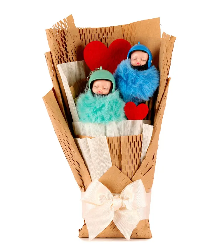 Little Kraft Serisi - Sevimli Uyuyan Yeşil ve Mavi Ponpon Bebek Buketi - Bitlis çiçek siparişi
